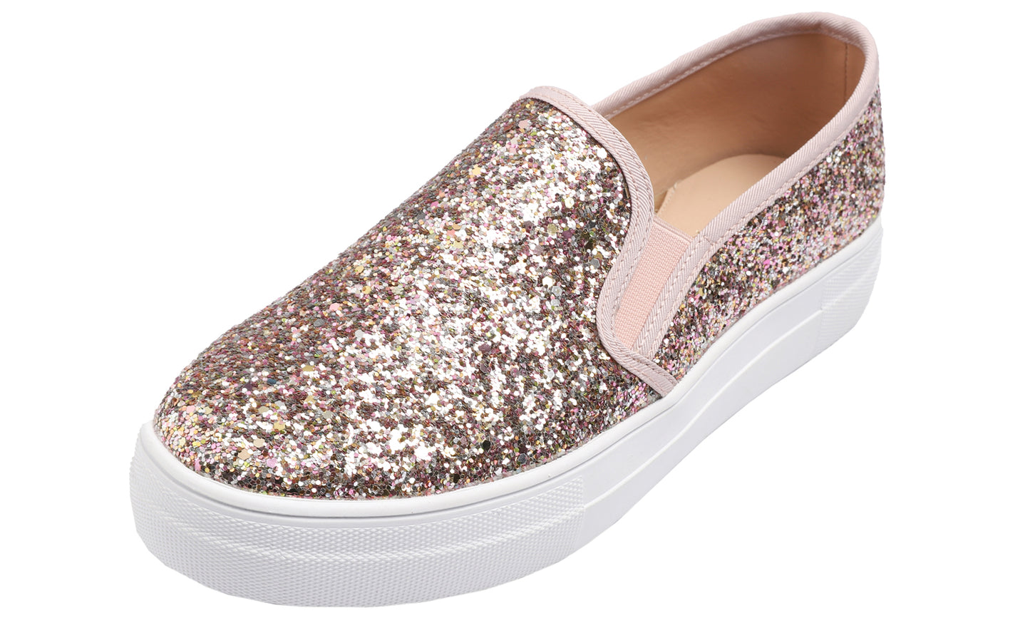 Feversole Women's Fashion Slip On Sneaker Casual Platform Loafers Glitter