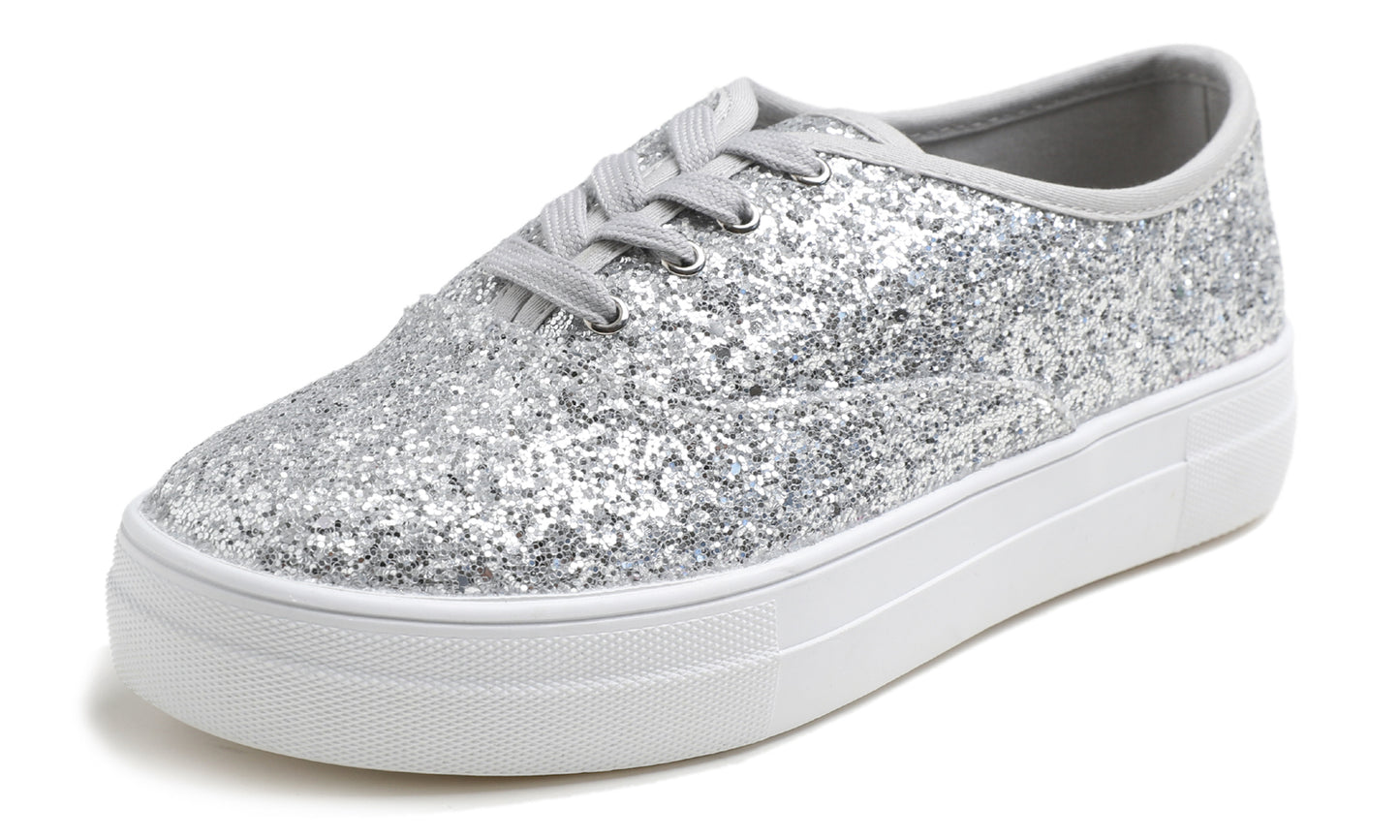 Feversole Women's Fashion Dress Sneakers Party Bling Casual Flats Embellished Shoes Platform Glitter Lace