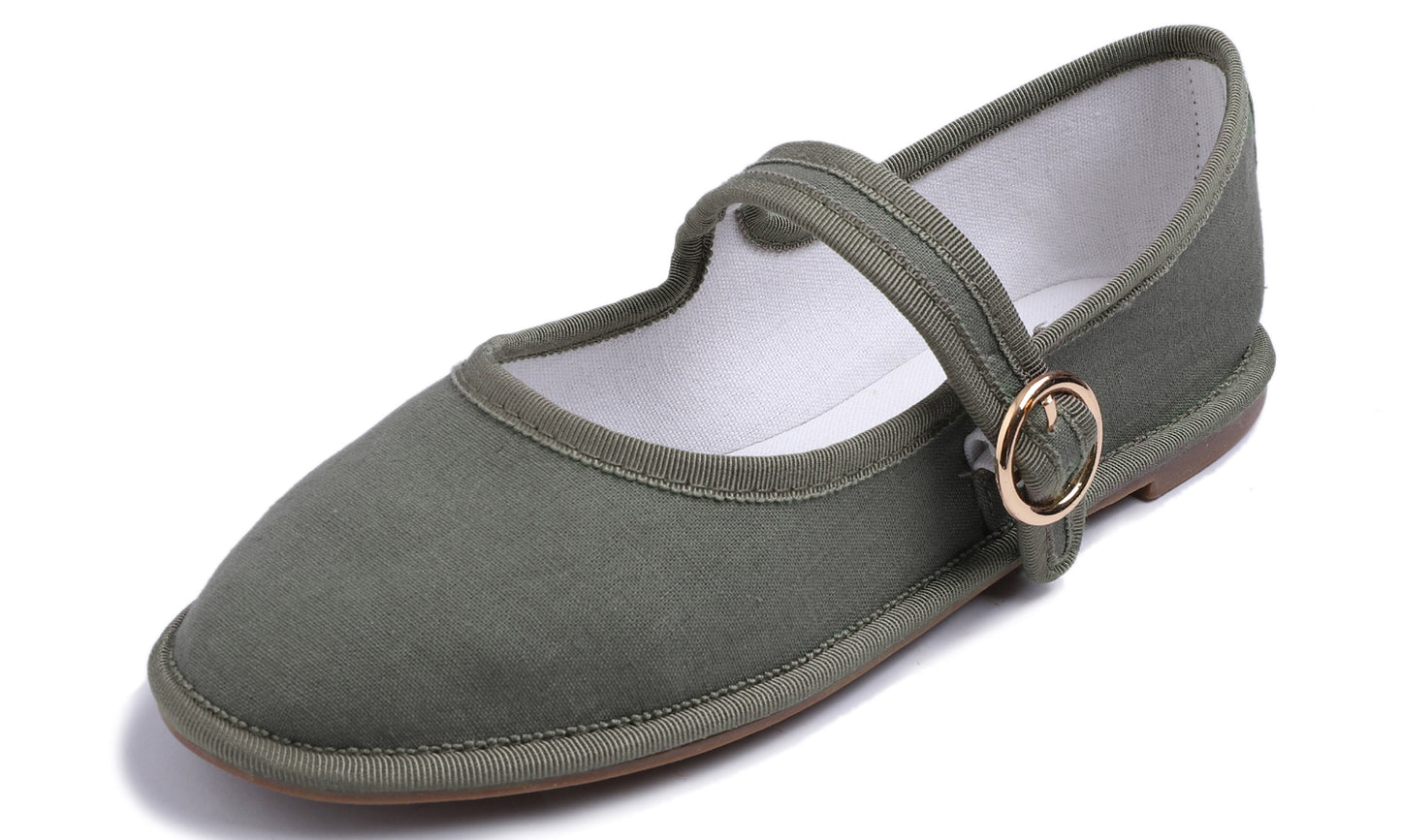 Fevrsole Women's Soft Breathable Mary Jane Memory Foam Cushioned Comfort Round Toe Metal Buckle Flats Walking Canvas Shoes