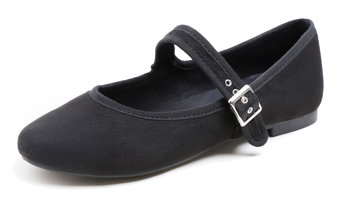 Feversole Women's Soft Cushion Extra Padded Comfort Round Toe Mary Jane Metal Buckle Black Faux SuedeFashion Ballet Flats Walking Shoes