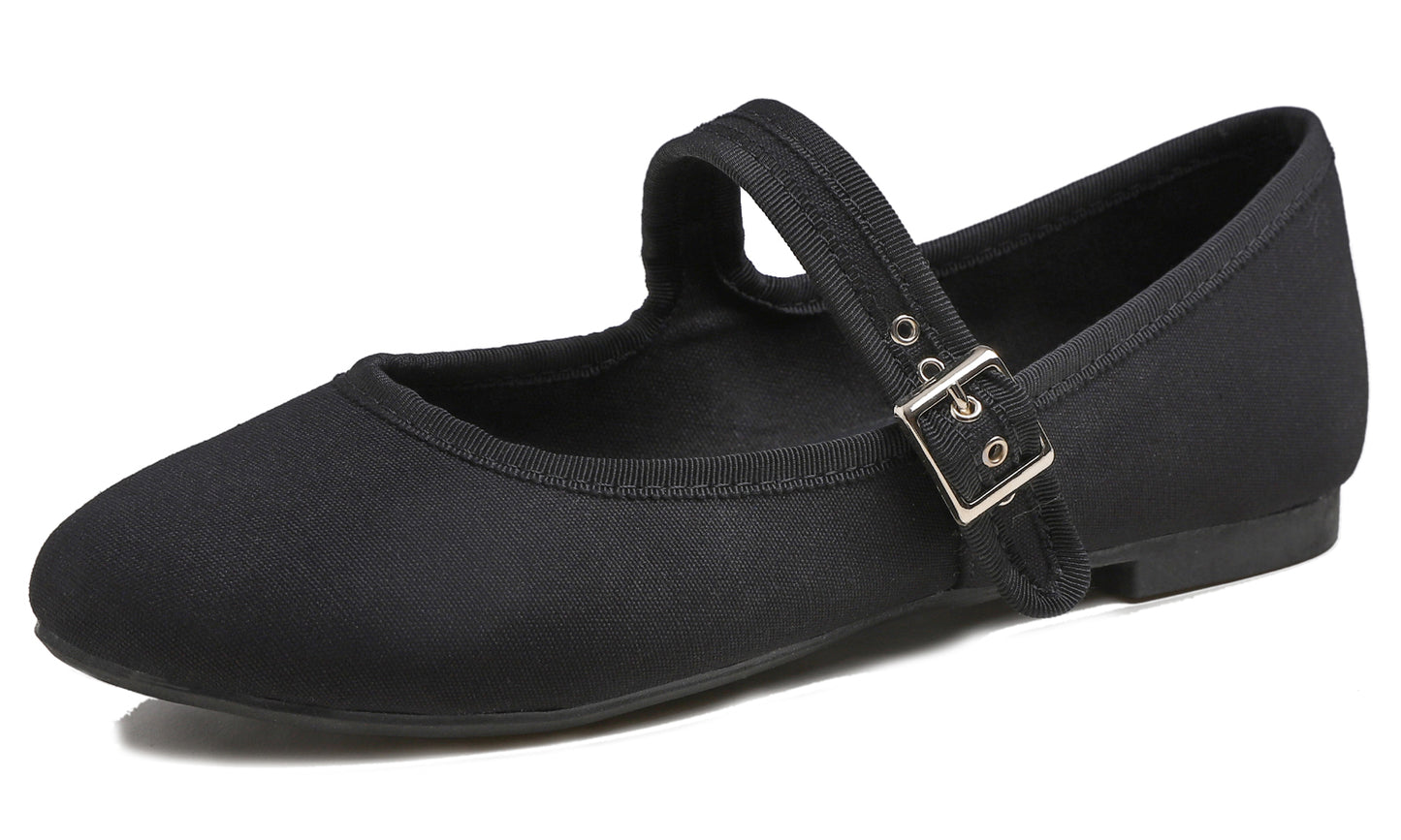 Feversole Women's Soft Cushion Extra Padded Comfort Round Toe Mary Jane Metal Buckle Fashion Ballet Flats Walking Shoes Canvas