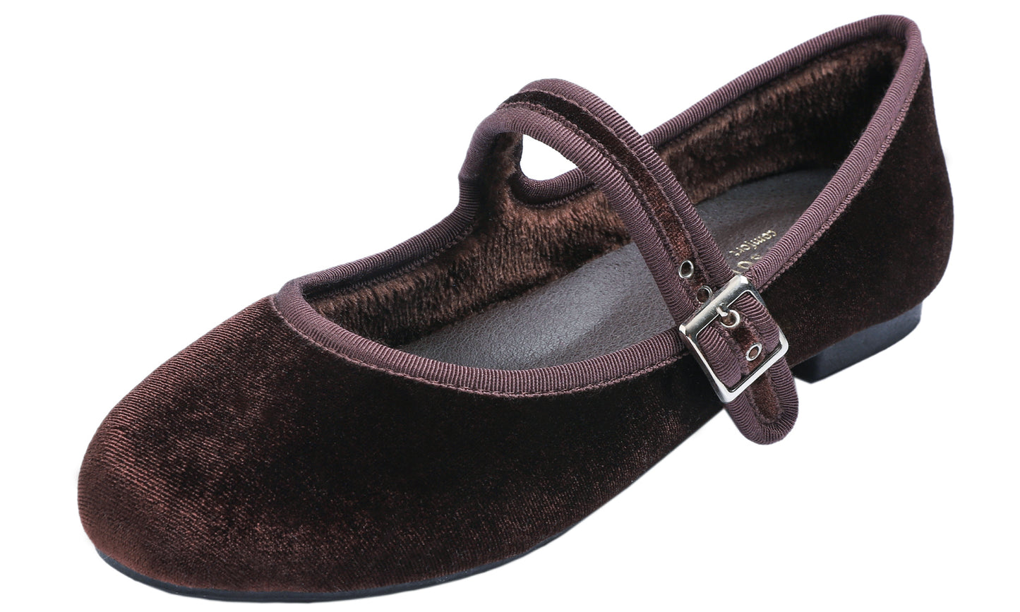 Feversole Women's Soft Cushion Extra Padded Comfort Round Toe Mary Jane Metal Buckle Fashion Ballet Flats Walking Shoes Velvet Vegan Lining