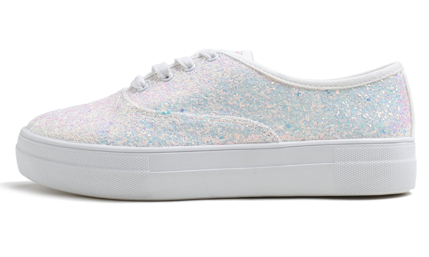 Feversole Women's Fashion Dress Sneakers Party Bling Casual Flats Embellished Shoes Platform Glitter Lace