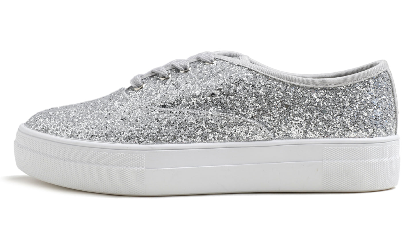 Feversole Women's Fashion Dress Sneakers Party Bling Casual Flats Embellished Shoes Platform Glitter Lace