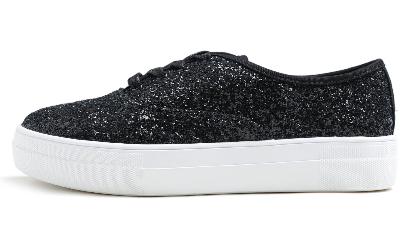 Feversole Women's Fashion Dress Sneakers Party Bling Casual Flats Embellished Shoes Platform Glitter Lace