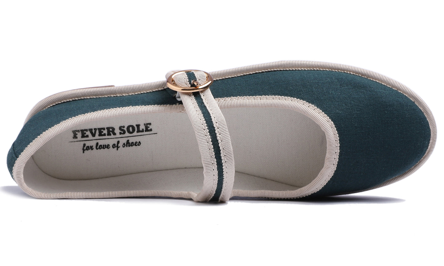 Fevrsole Women's Soft Breathable Mary Jane Memory Foam Cushioned Comfort Round Toe Metal Buckle Flats Walking Canvas Shoes