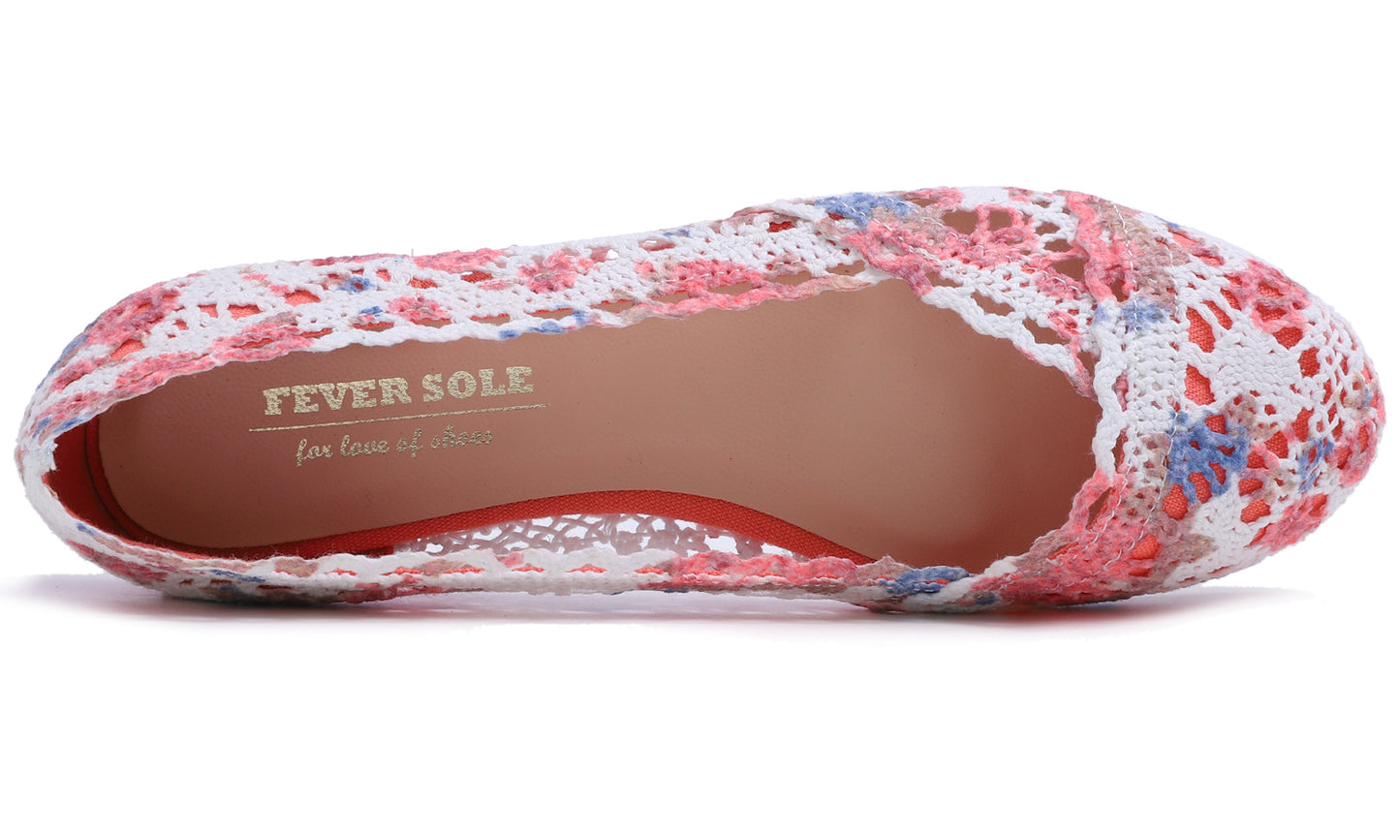 Feversole Women's Comfort Breathable Knit Crochet Shoes Lace Ballet Flats