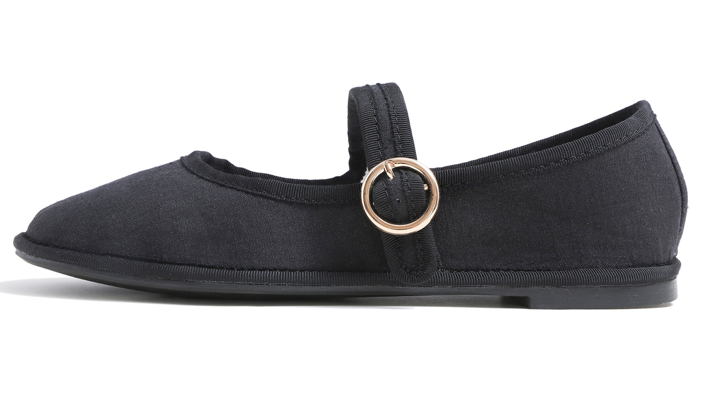 Fevrsole Women's Soft Breathable Mary Jane Memory Foam Cushioned Comfort Round Toe Metal Buckle Flats Walking Canvas Shoes