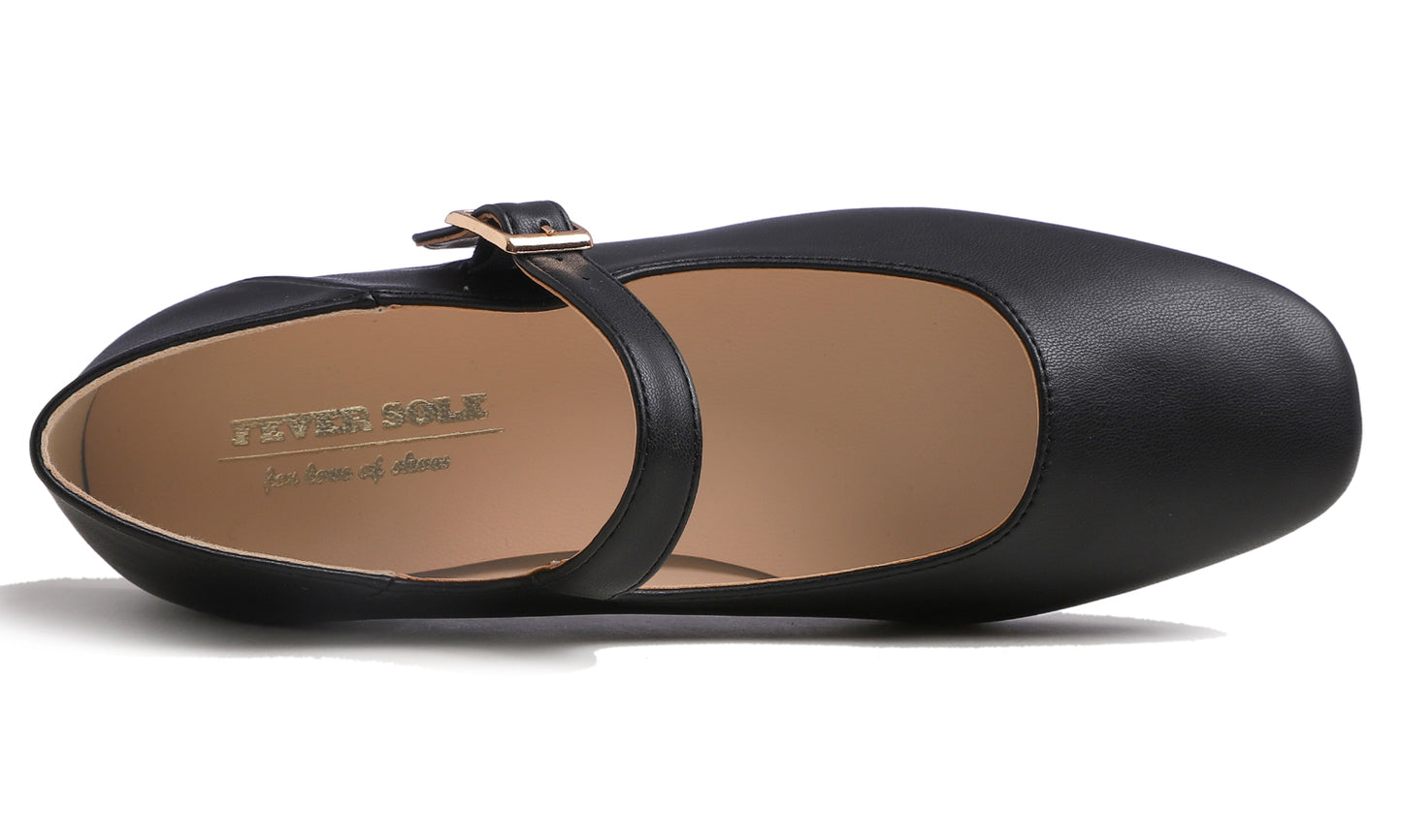 Feversole Women's Mary Jane Fashion Square Toe Easy Buckle Low Heel Slip On Flats Vegan Leather
