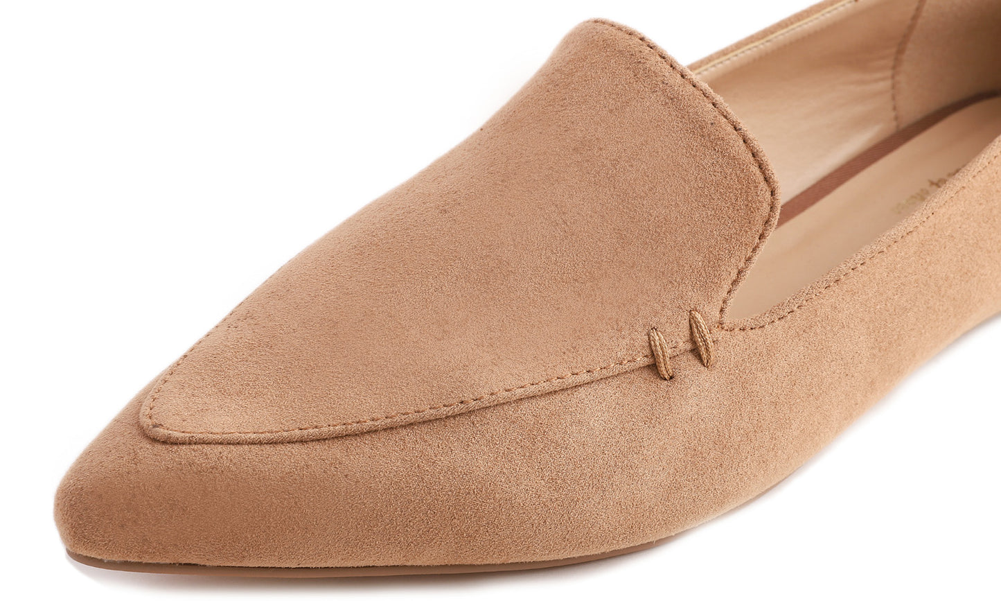 Feversole Women's Loafer Flat Pointed Fashion Slip On Comfort Driving Office Shoes Light Camel Suede