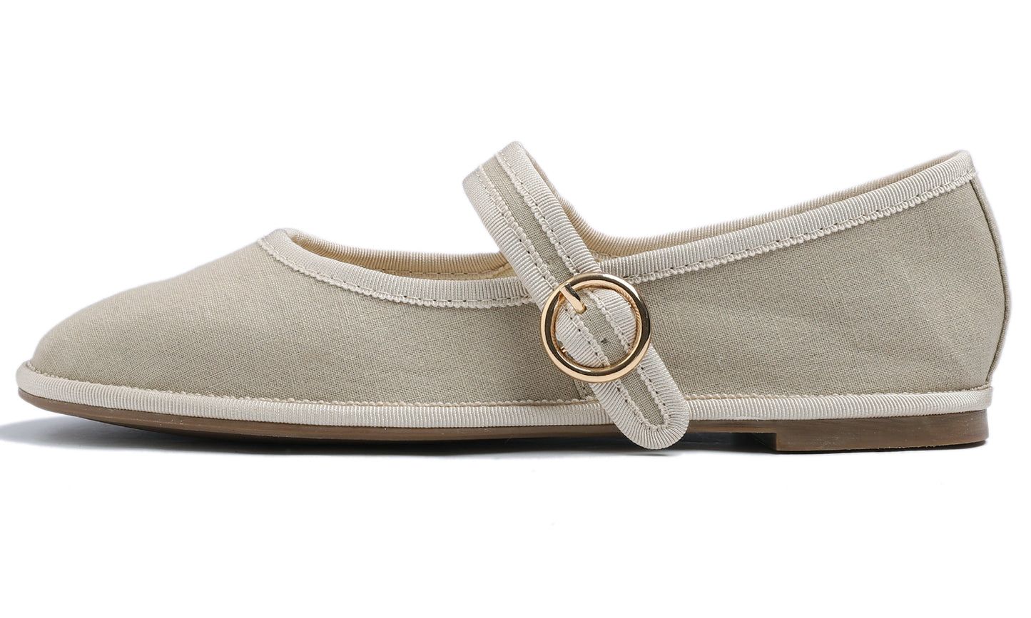 Fevrsole Women's Soft Breathable Mary Jane Memory Foam Cushioned Comfort Round Toe Metal Buckle Flats Walking Canvas Shoes