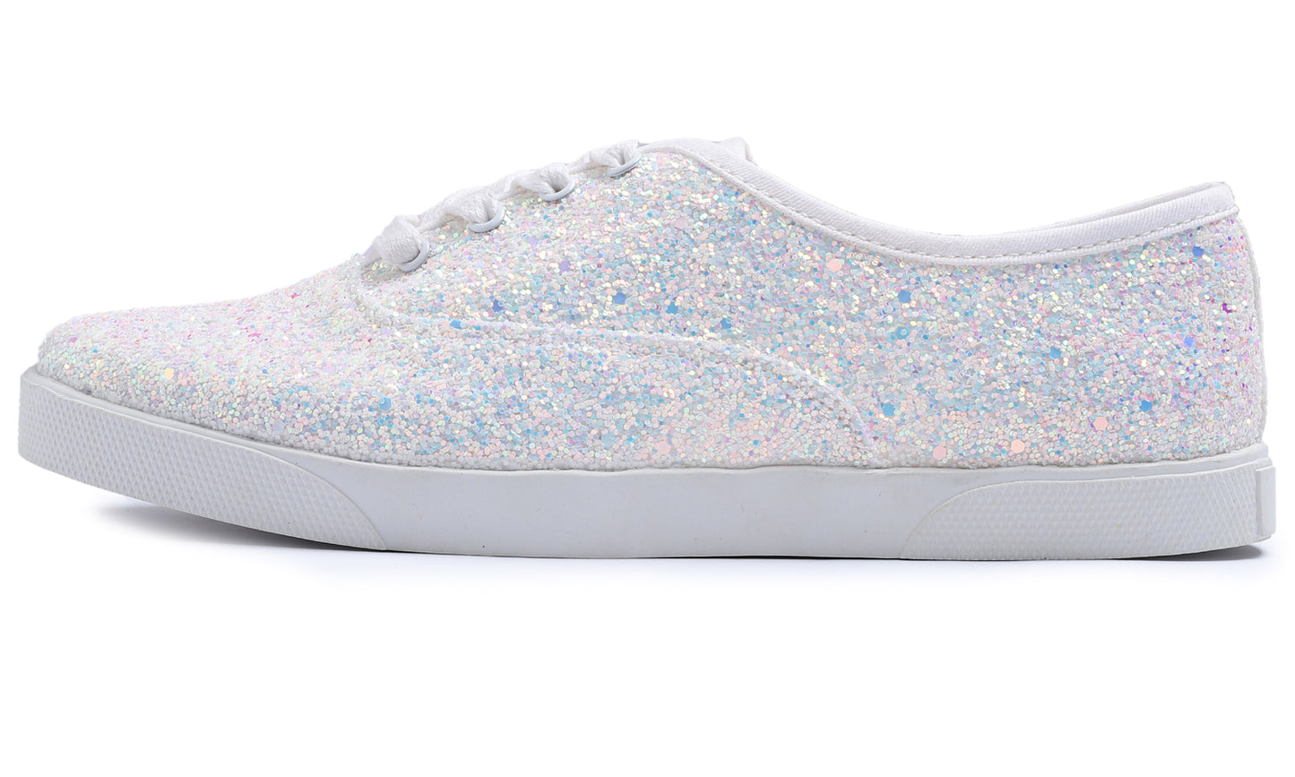 Feversole Women's Fashion Dress Sneakers Party Bling Casual Flats Embellished Shoes Plimsolls Glitter Lace