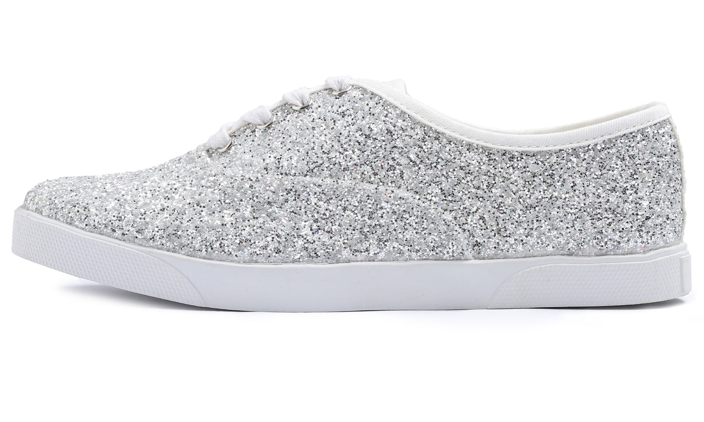 Feversole Women's Fashion Dress Sneakers Party Bling Casual Flats Embellished Shoes Plimsolls Glitter Lace