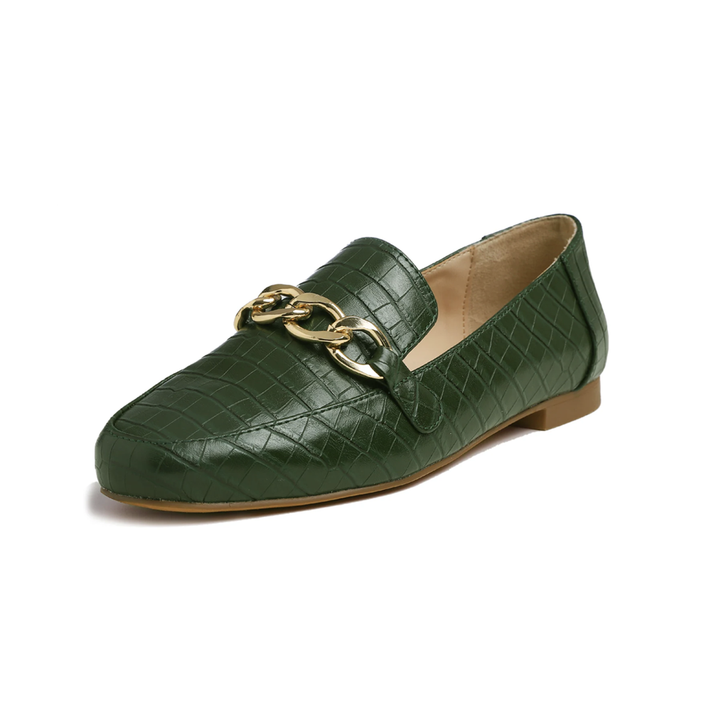 Feversole Women's Fashion Trim Deco Loafer Flats Crock Vegan Leather Chain