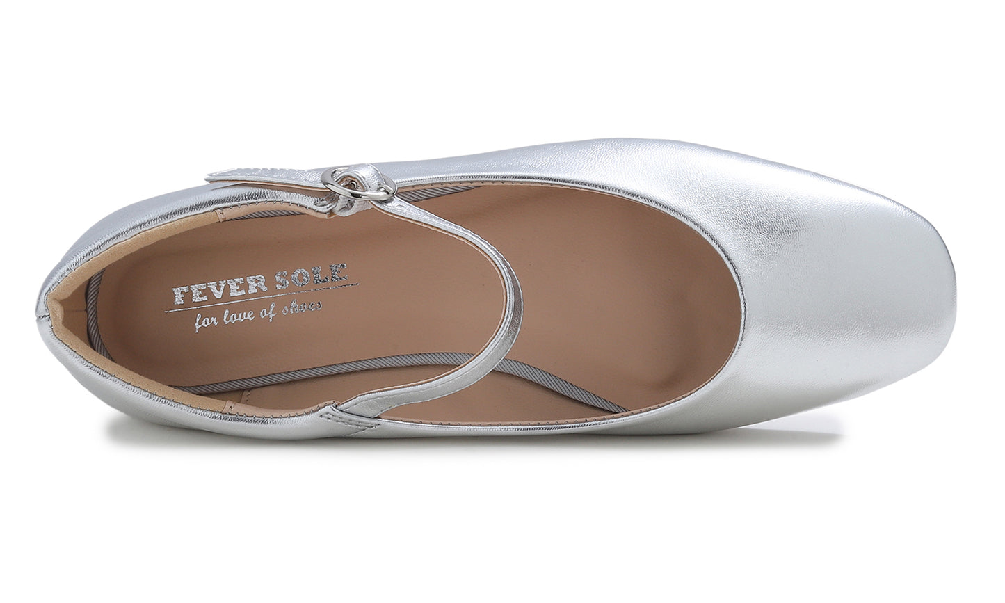 Feversole Women's Mary Jane Fashion Square Toe Padded Ankle Low Heel Slip On Flats Metallic Vegan Leather