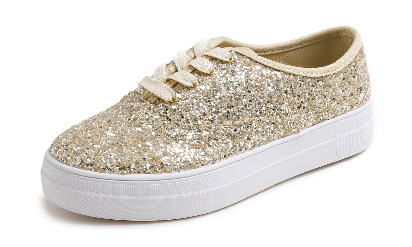 Feversole Women's Fashion Dress Sneakers Party Bling Casual Flats Embellished Shoes Platform Glitter Lace