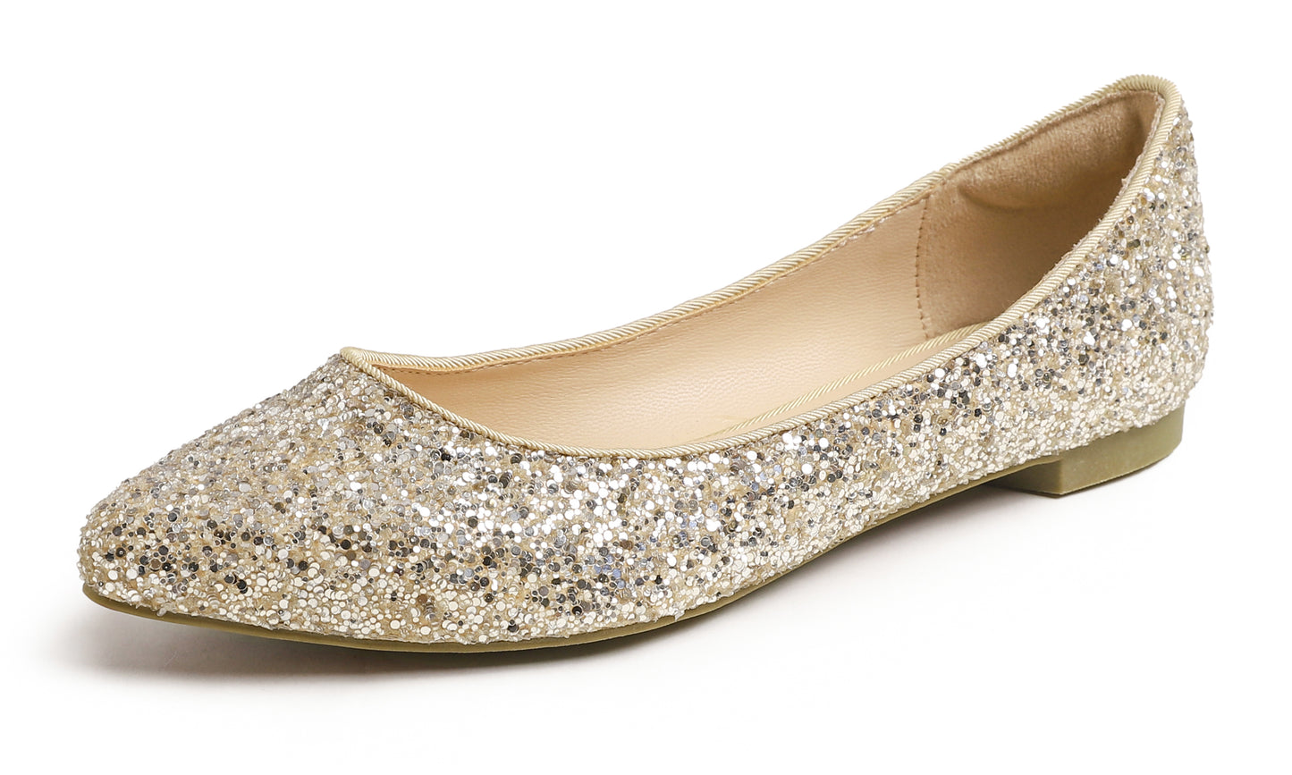 Feversole Women's Fashion Pointed Toe Classic Dressy Shiny Comfort Cushioned Flats Glitter