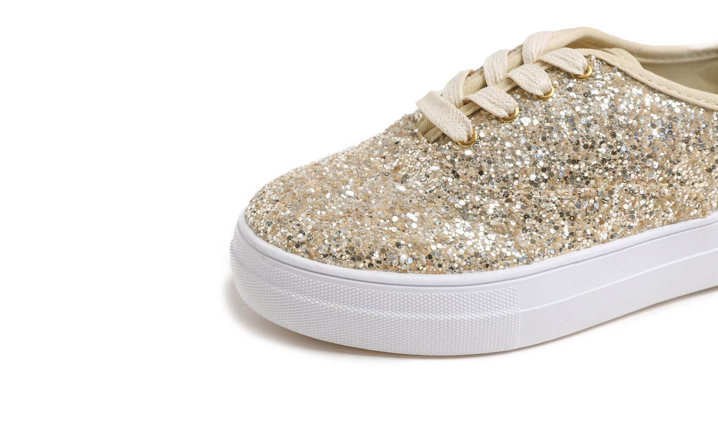 Feversole Women's Fashion Dress Sneakers Party Bling Casual Flats Embellished Shoes Platform Glitter Lace
