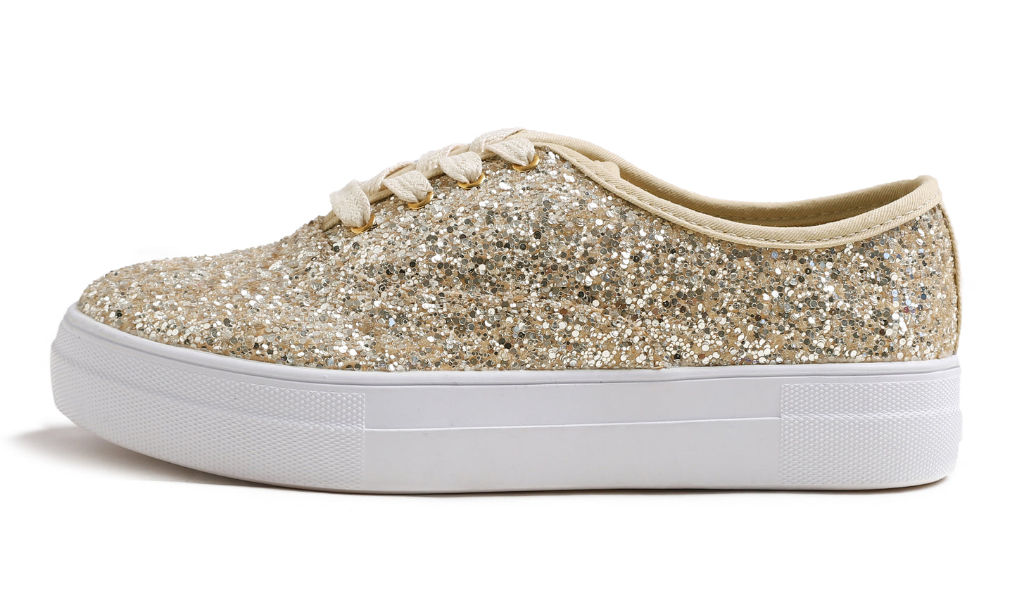 Feversole Women's Fashion Dress Sneakers Party Bling Casual Flats Embellished Shoes Platform Glitter Lace