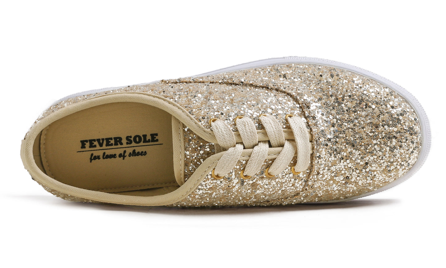 Feversole Women's Fashion Dress Sneakers Party Bling Casual Flats Embellished Shoes Platform Glitter Lace