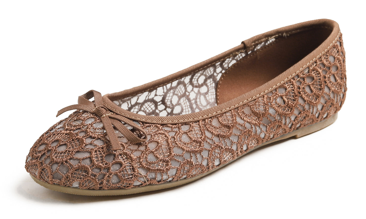 Feversole Round Toe Lace Ballet Crochet Flats Women's Comfy Breathable Shoes Lace