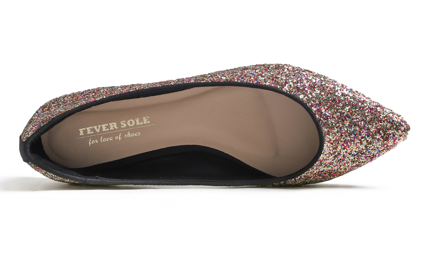Feversole Women's Fashion Pointed Toe Classic Dressy Shiny Comfort Cushioned Flats Glitter