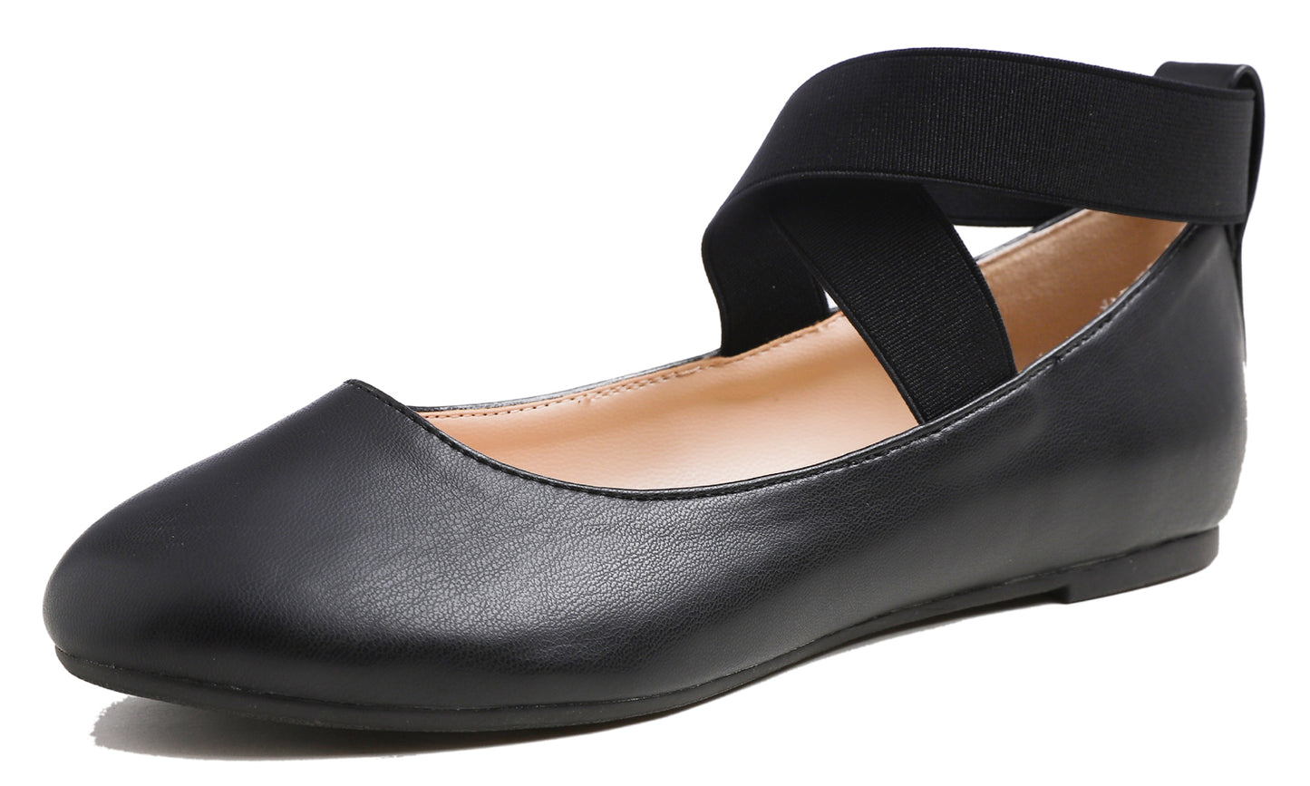 Feversole Women's Fashion Elastic Ankle Strap Shoes Round Toe Ballet Flat