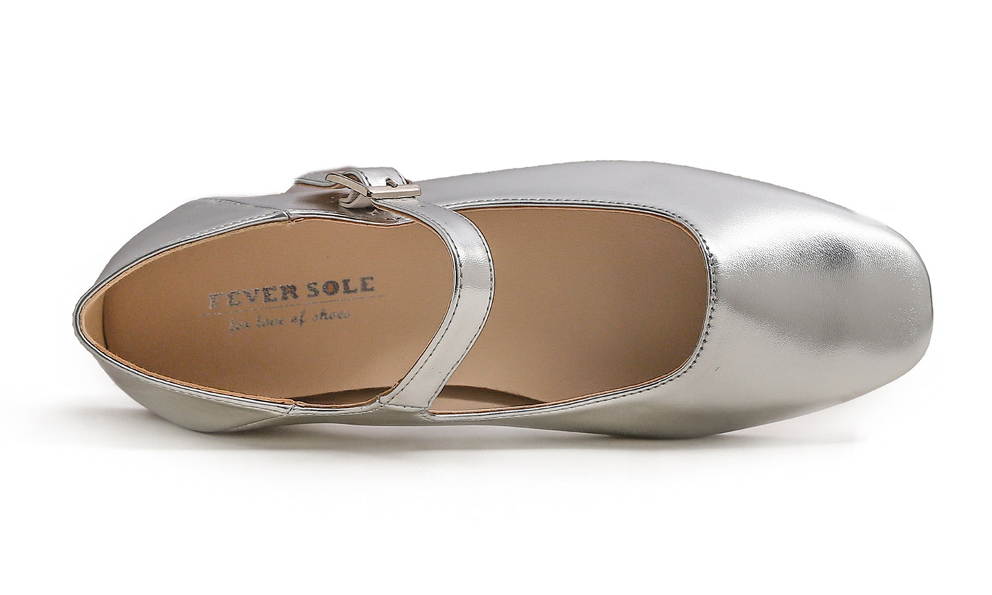 Feversole Women's Mary Jane Fashion Square Toe Easy Buckle Low Heel Slip On Flats Metallic Vegan Leather