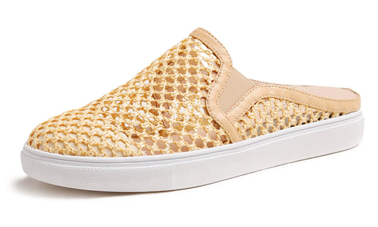 Feversole Women's Sport Mules Slip On Loafers Fashion Backless Sneakers Beige Knit