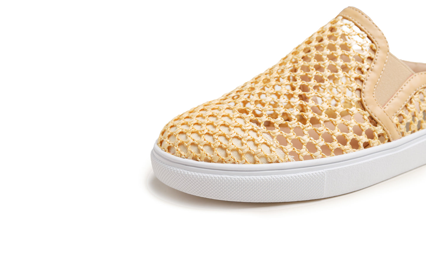 Feversole Women's Sport Mules Slip On Loafers Fashion Backless Sneakers Beige Knit