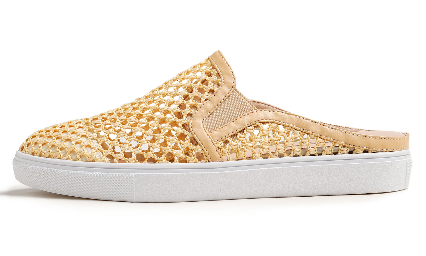 Feversole Women's Sport Mules Slip On Loafers Fashion Backless Sneakers Beige Knit