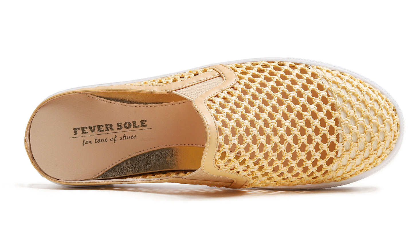 Feversole Women's Sport Mules Slip On Loafers Fashion Backless Sneakers Beige Knit