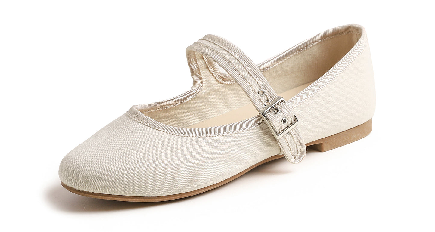 Feversole Women's Soft Cushion Extra Padded Comfort Round Toe Mary Jane Metal Buckle Fashion Ballet Flats Walking Shoes Canvas