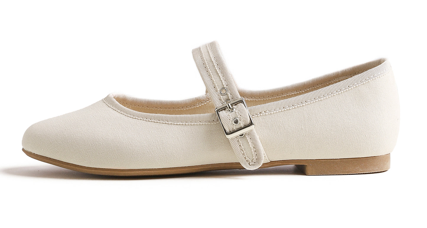 Feversole Women's Soft Cushion Extra Padded Comfort Round Toe Mary Jane Metal Buckle Fashion Ballet Flats Walking Shoes Canvas