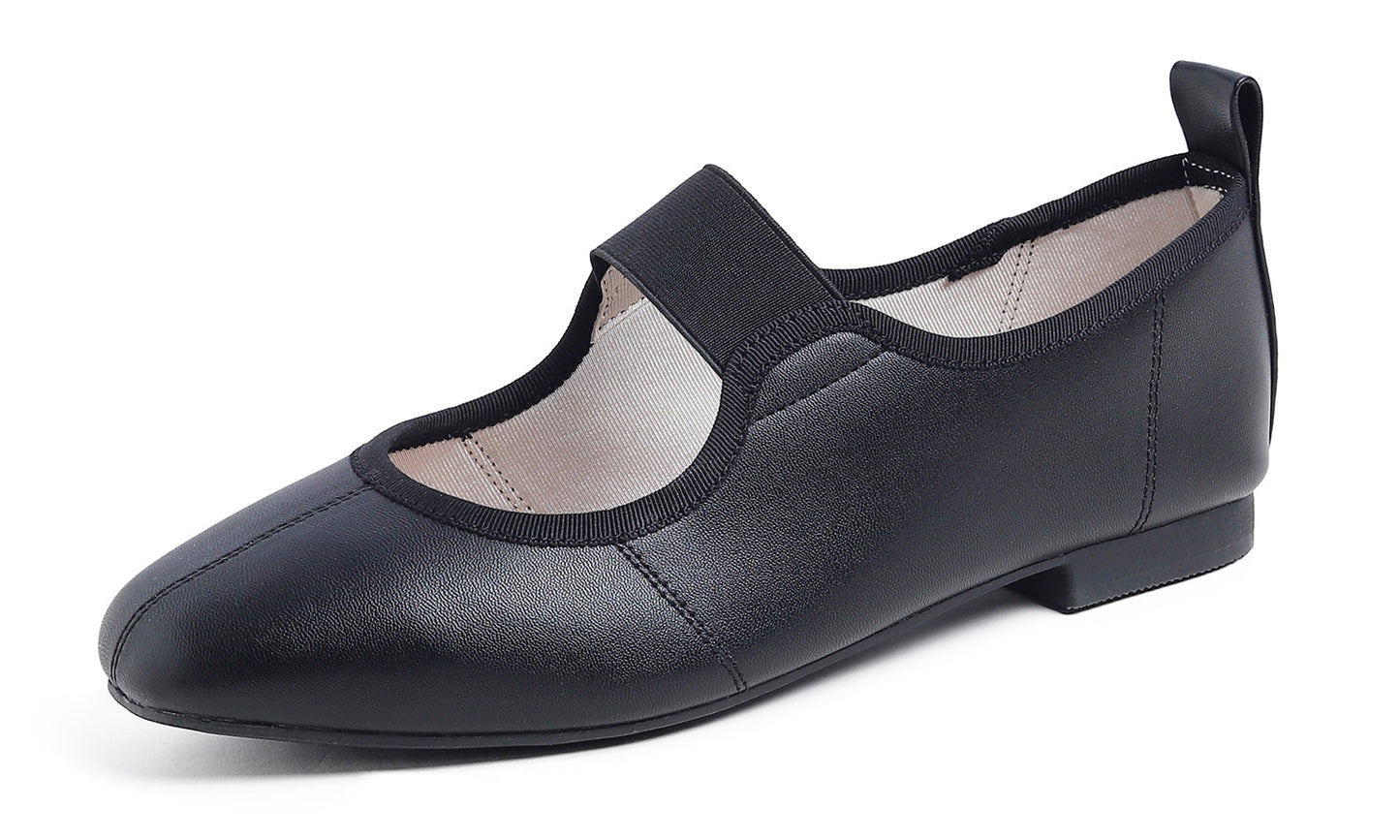 Feversole Women's Cushion Padded Comfort Square Toe Soft Mary Jane Dressy Elastic Strap Easy Slip on Work Office Flats Vegan Leather