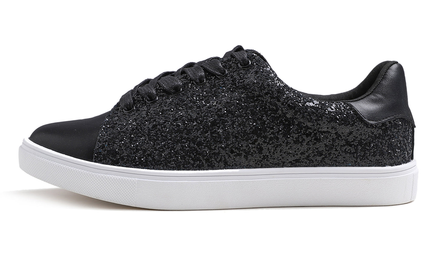 Feversole Women's Fashion Lace Up Dress Sneakers Sparkly Party Shiny Shoes Glitter Lace