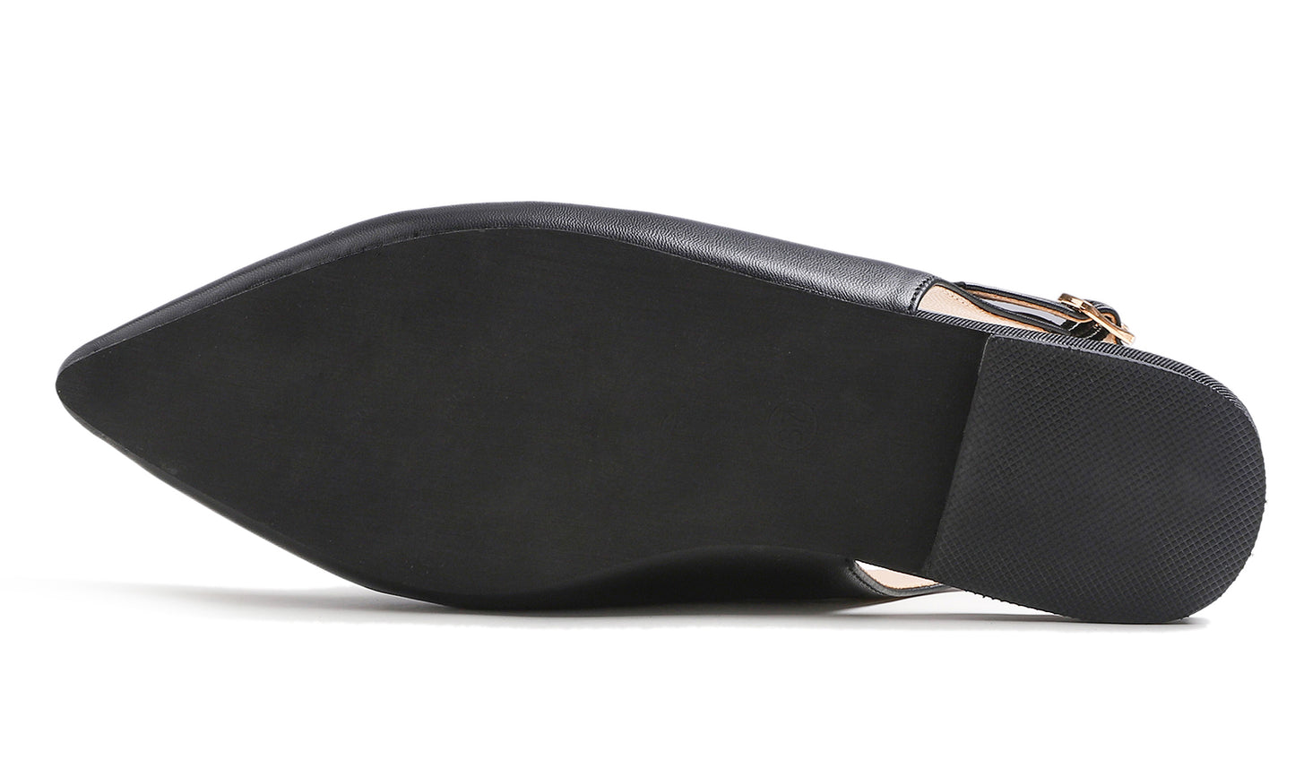 Feversole Pointed Toe Casual Slingback Flat Mules Women's Fashion Buckle Strap Slide Summer Slippers Vegan Leather