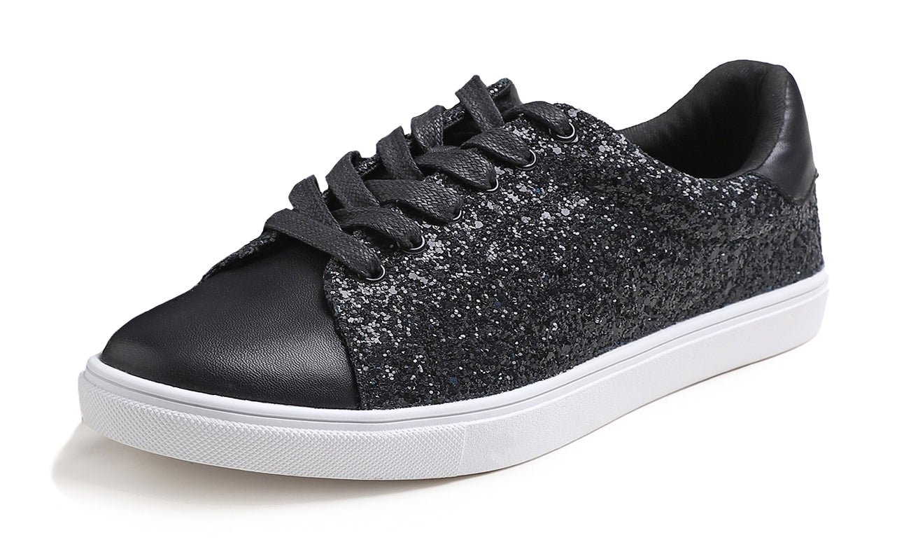 Feversole Women's Fashion Lace Up Dress Sneakers Sparkly Party Shiny Shoes Glitter Lace