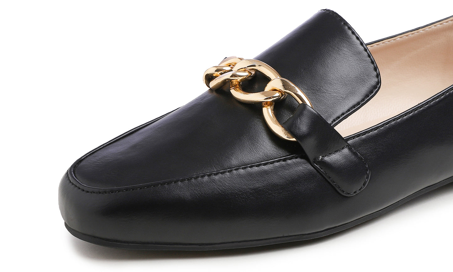 Feversole Women's Fashion Trim Deco Loafer Flats Black Plain Vegan Leather Chain