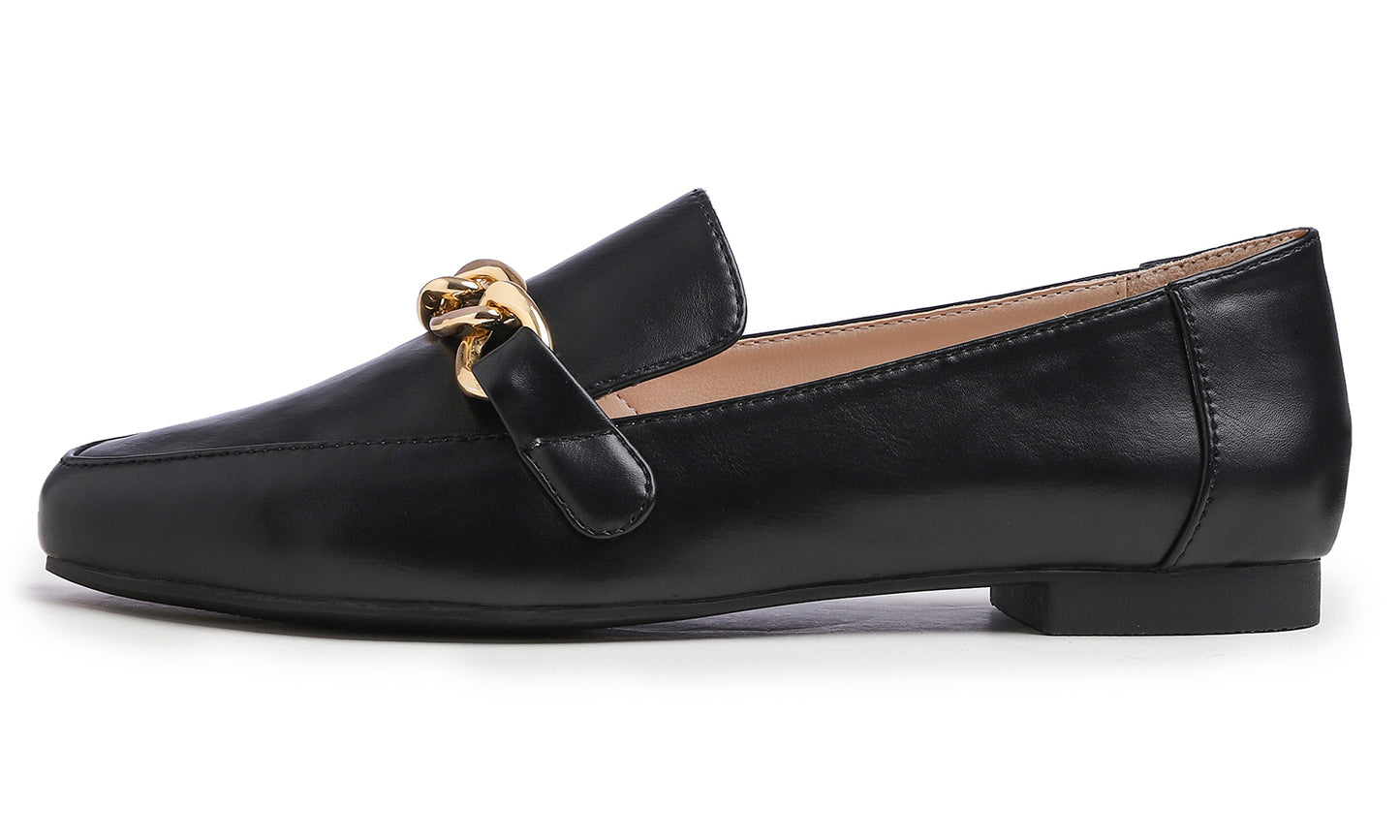 Feversole Women's Fashion Trim Deco Loafer Flats Black Plain Vegan Leather Chain