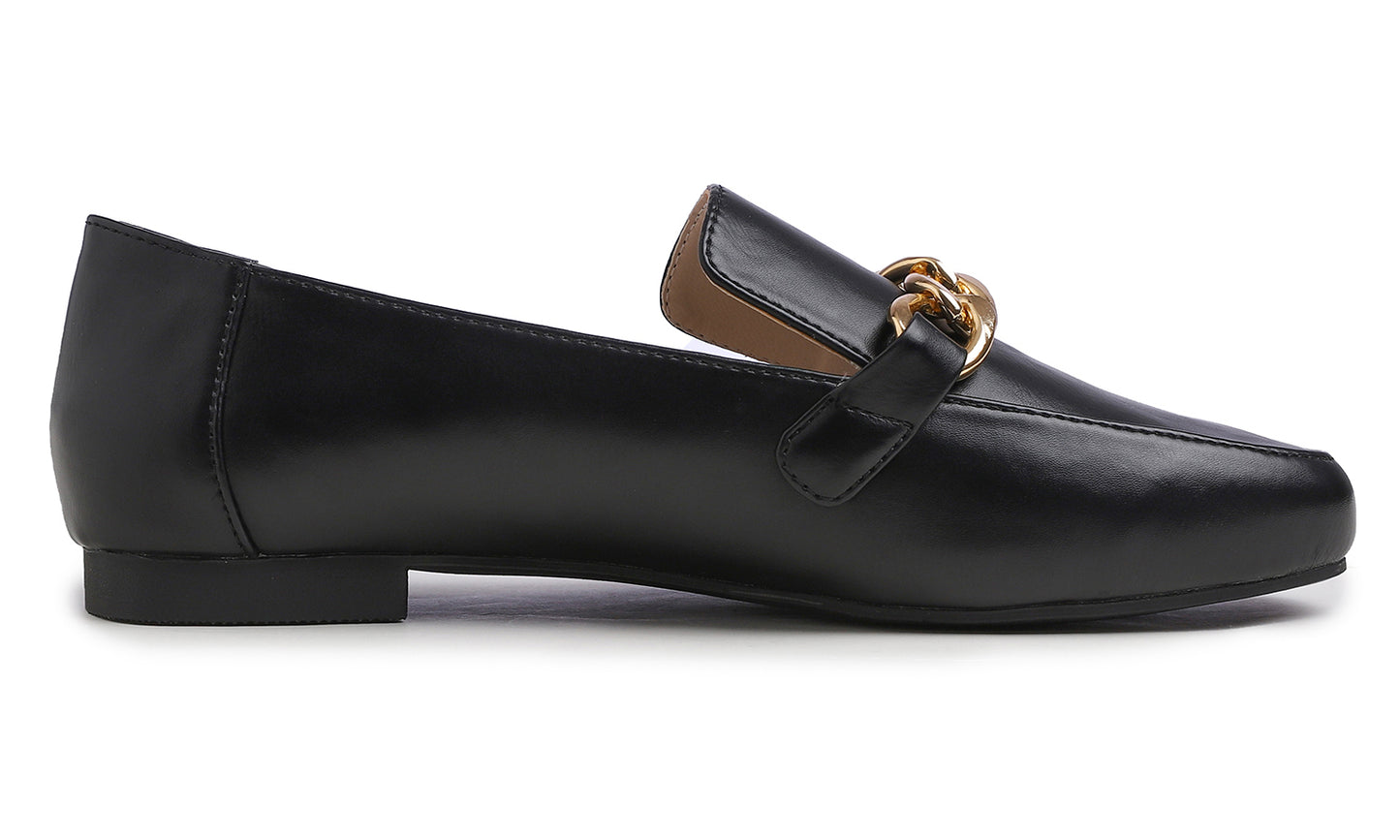 Feversole Women's Fashion Trim Deco Loafer Flats Black Plain Vegan Leather Chain