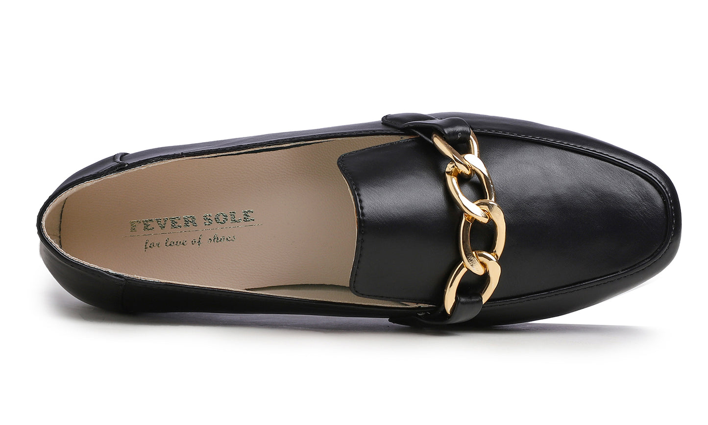 Feversole Women's Fashion Trim Deco Loafer Flats Black Plain Vegan Leather Chain