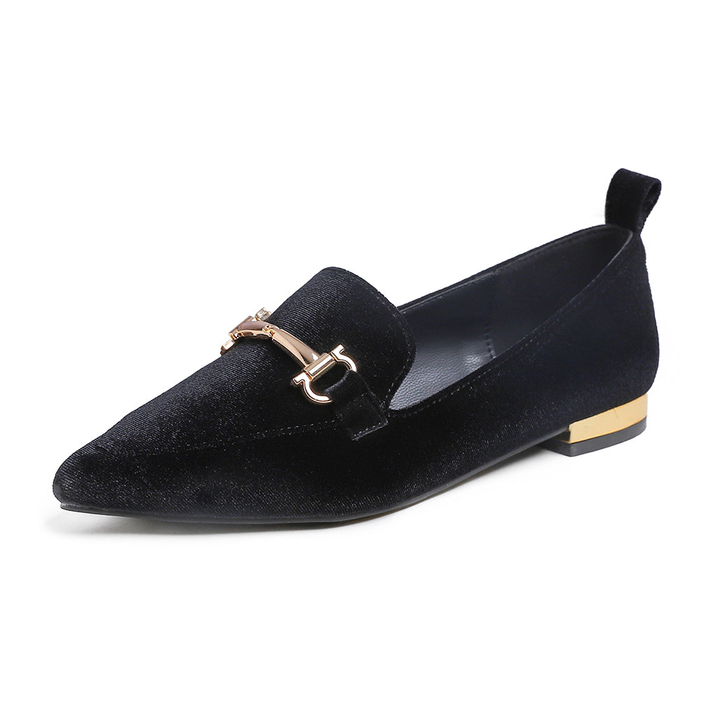 Feversole Women's Loafer Flat Pointed Deco Low Heel Fashion Slip On Dress Driving Office Shoes Velvet Metal Trim