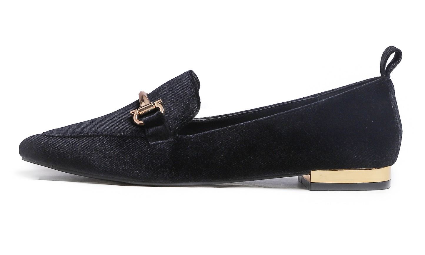 Feversole Women's Loafer Flat Pointed Deco Low Heel Fashion Slip On Dress Driving Office Shoes Velvet Metal Trim