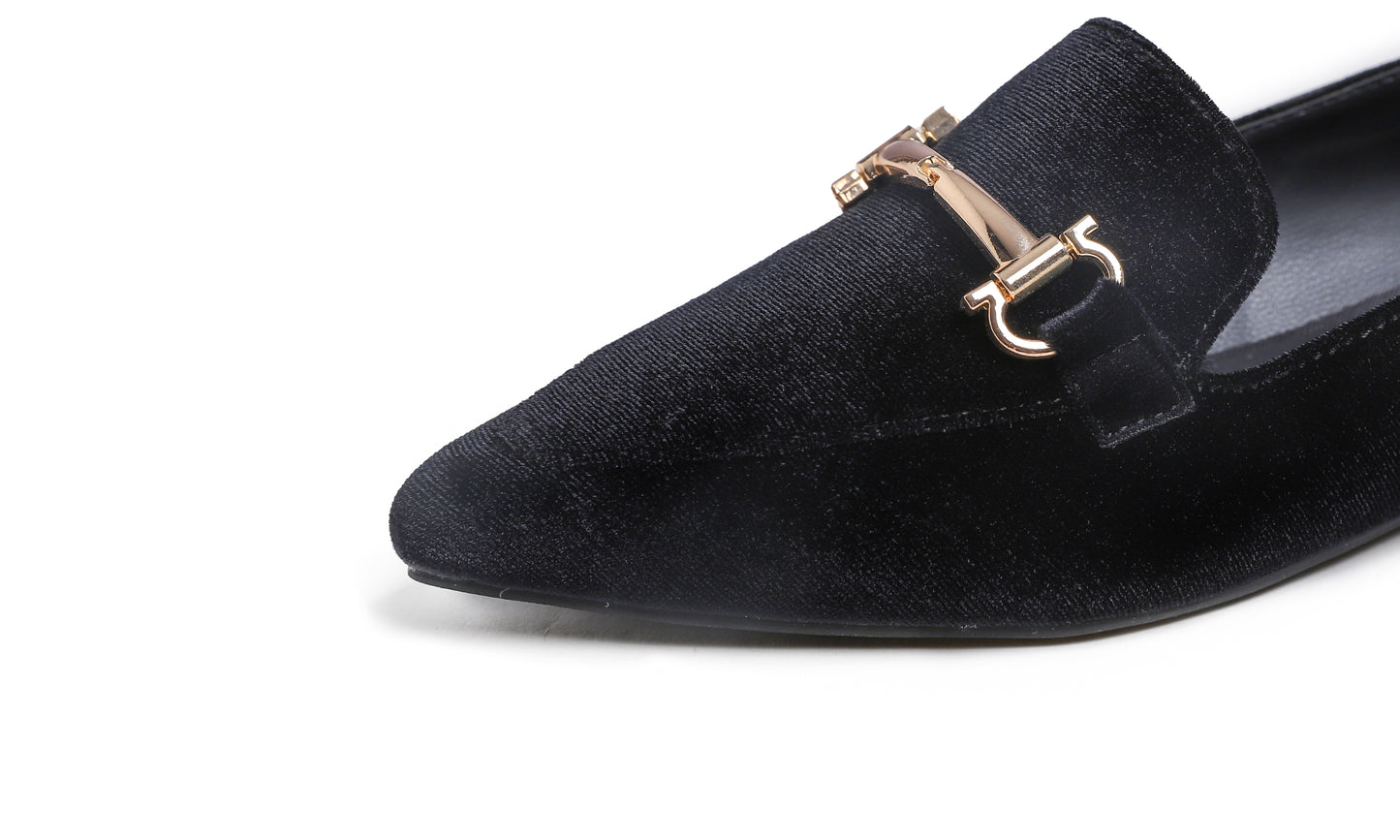 Feversole Women's Loafer Flat Pointed Deco Low Heel Fashion Slip On Dress Driving Office Shoes Velvet Metal Trim