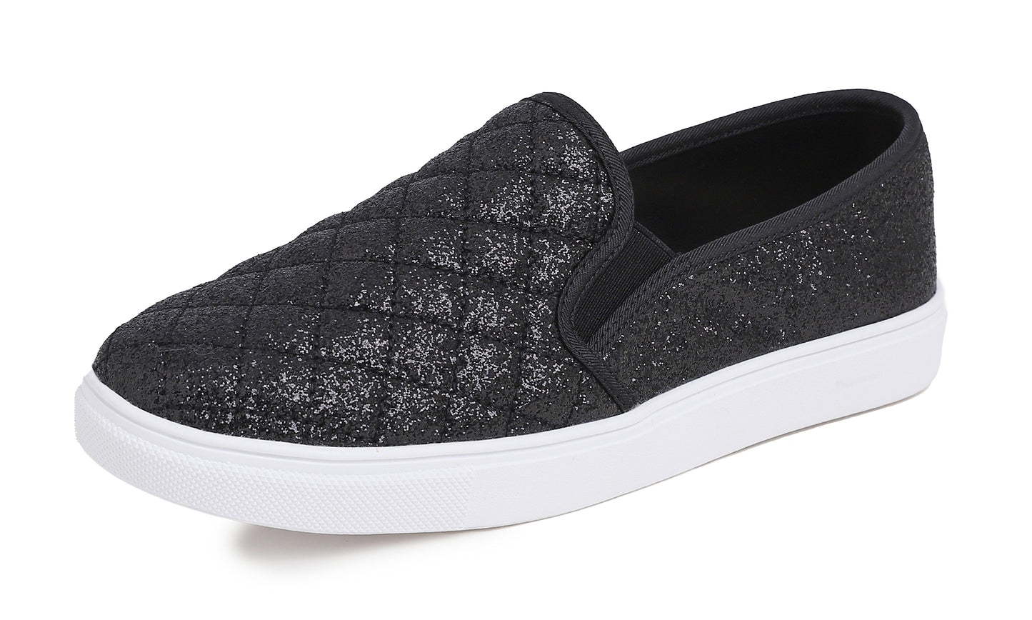 Feversole Women's Casual Slip On Sneaker Comfort Quilted Loafer Flats Glitter Quilted