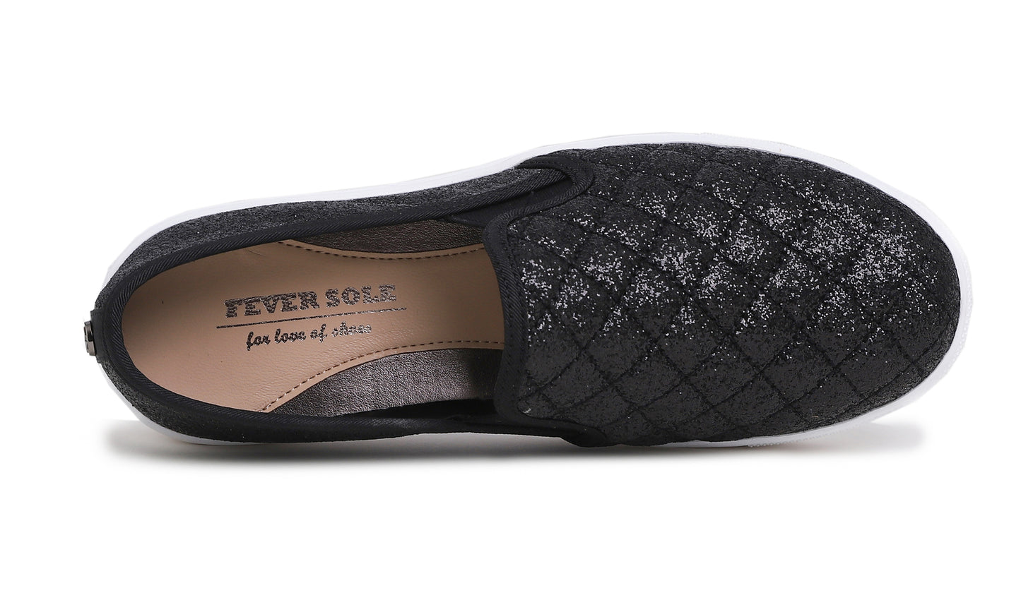 Feversole Women's Casual Slip On Sneaker Comfort Quilted Loafer Flats Glitter Quilted