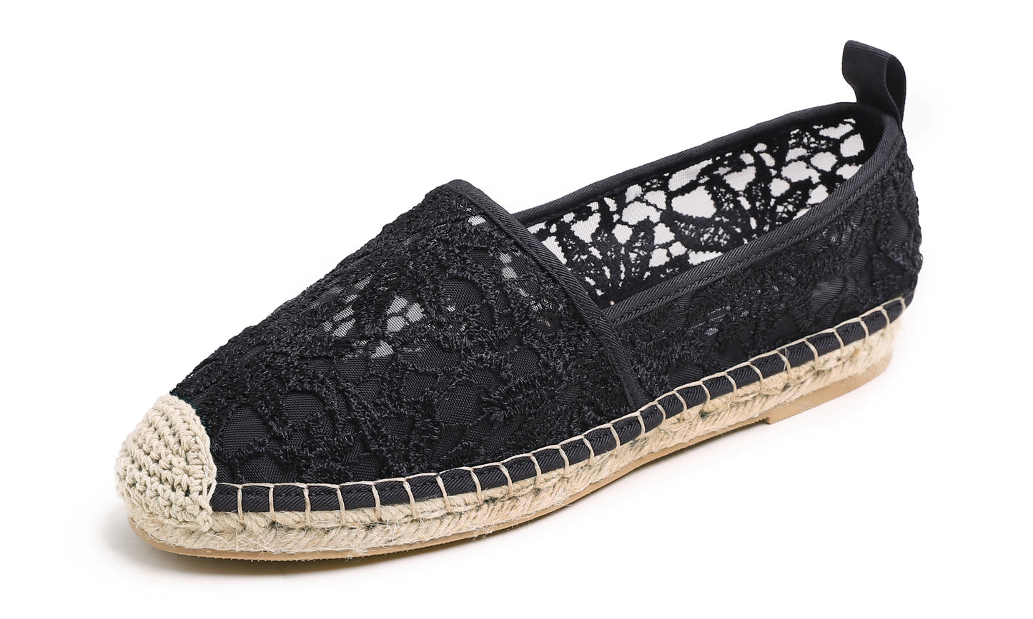 Feversole Close Toe Espadrilles Women's Comfort Breathable Slip On Flats Shoes Lace Mesh Jute