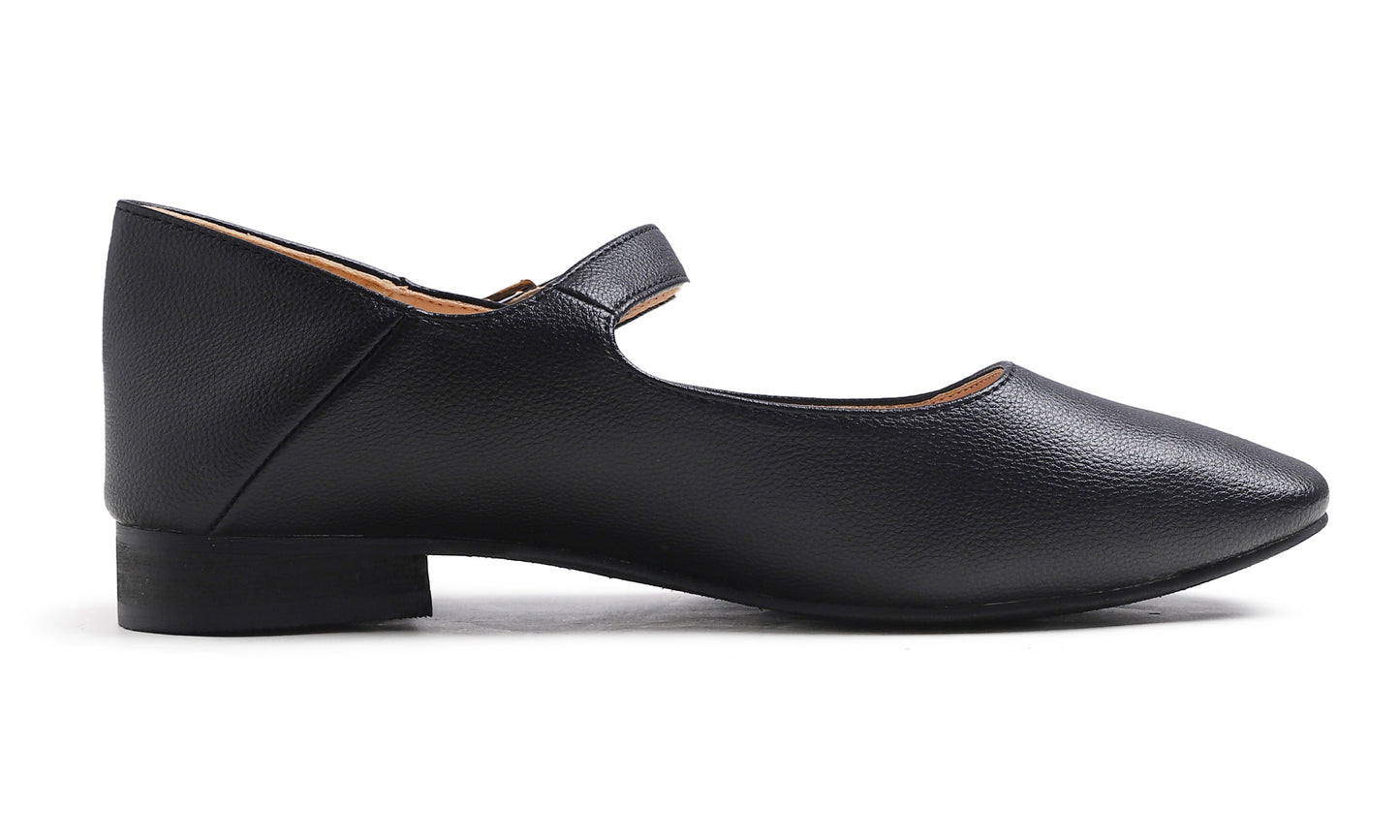 Feversole Women's Mary Jane Fashion Square Toe Easy Buckle Low Heel Slip On Flats Vegan Grain Leather