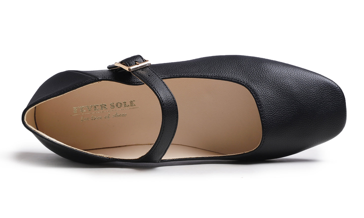 Feversole Women's Mary Jane Fashion Square Toe Easy Buckle Low Heel Slip On Flats Vegan Grain Leather